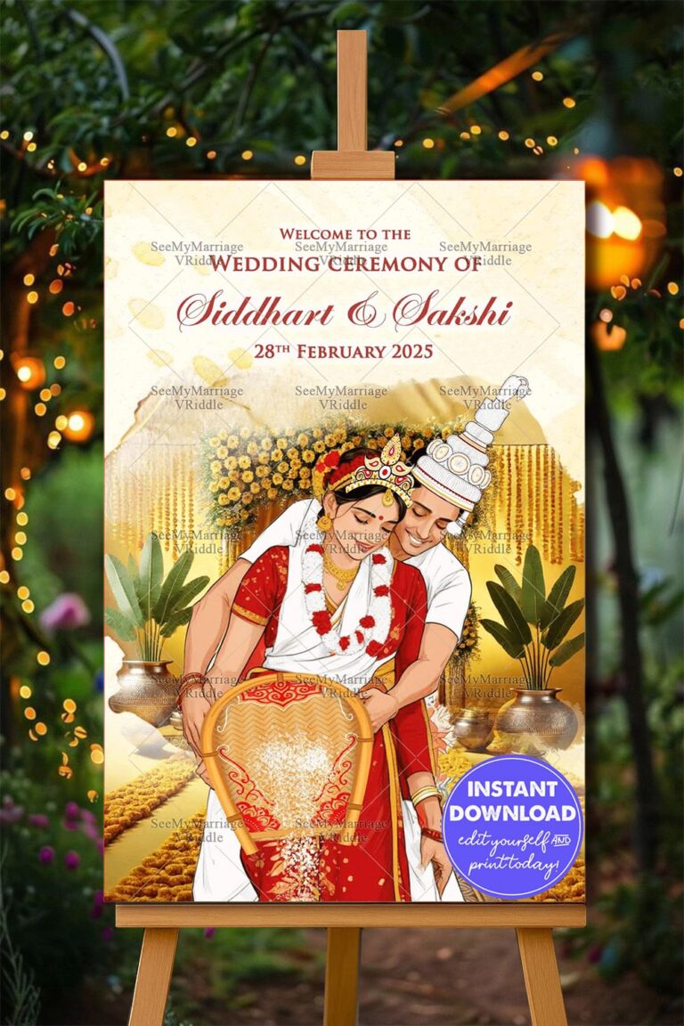 Marigold Theme Bengali Wedding Ceremony Welcome Poster with Traditional Couple Illustration