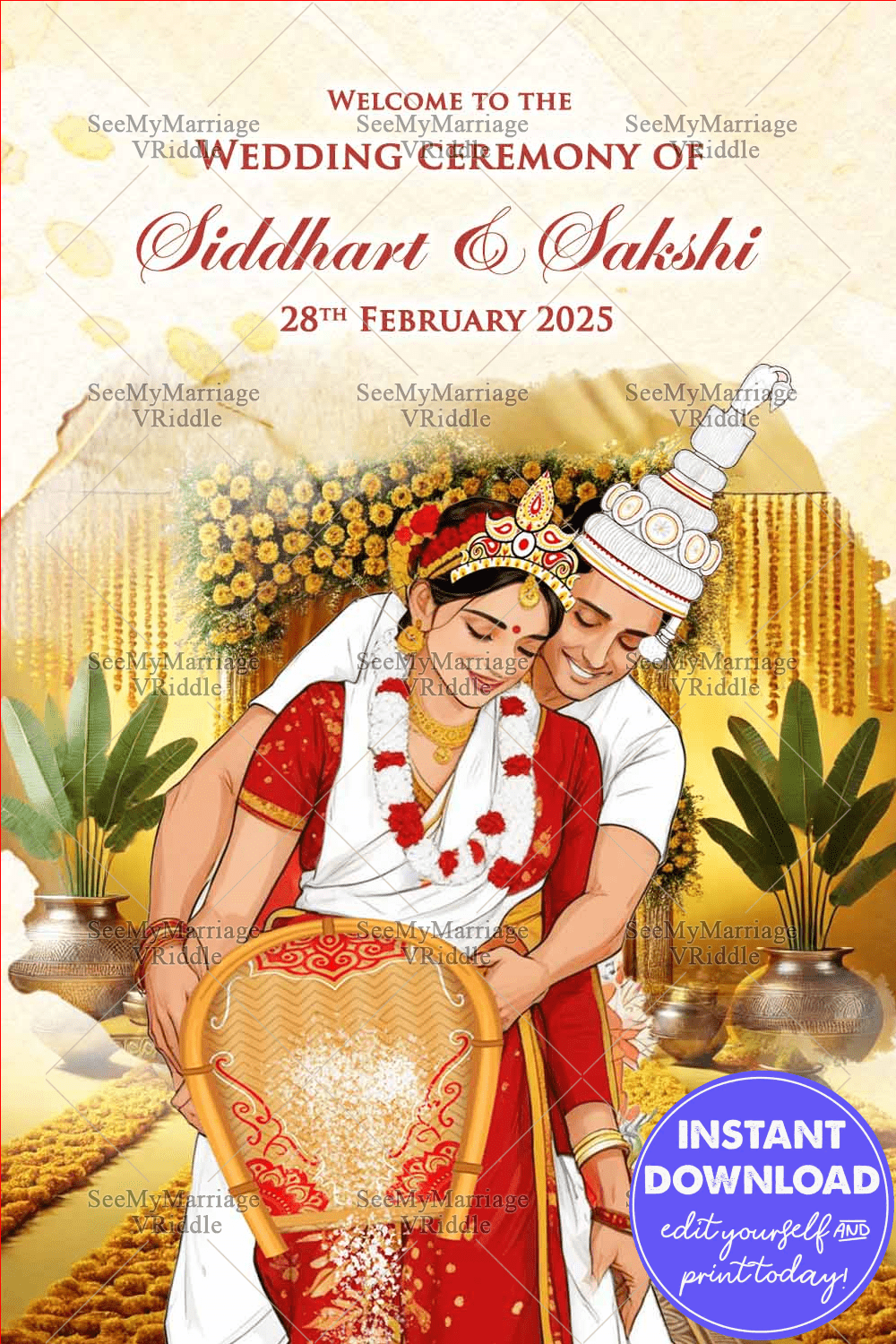 Marigold Theme Bengali Wedding Ceremony Welcome Poster with Traditional Couple Illustration