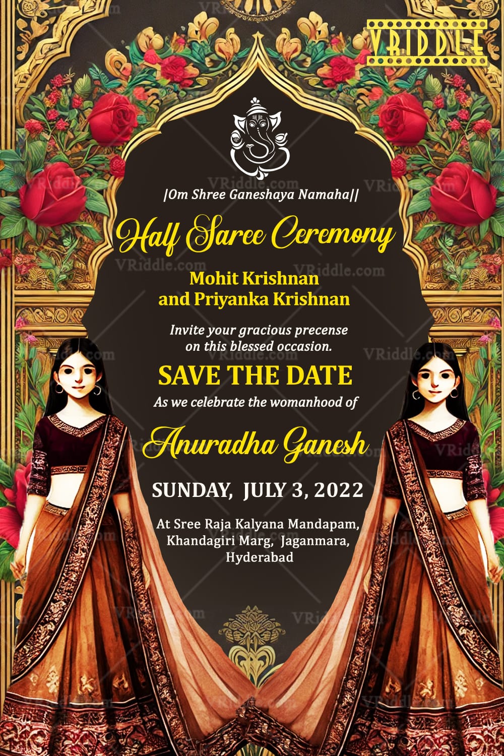 Two Sisters Half Saree Ceremony invitation Card with Ornate Arch and Roses Theme