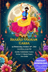 Moonlit Garba Dance Sharad Poonam Invitation Card with Floral Theme