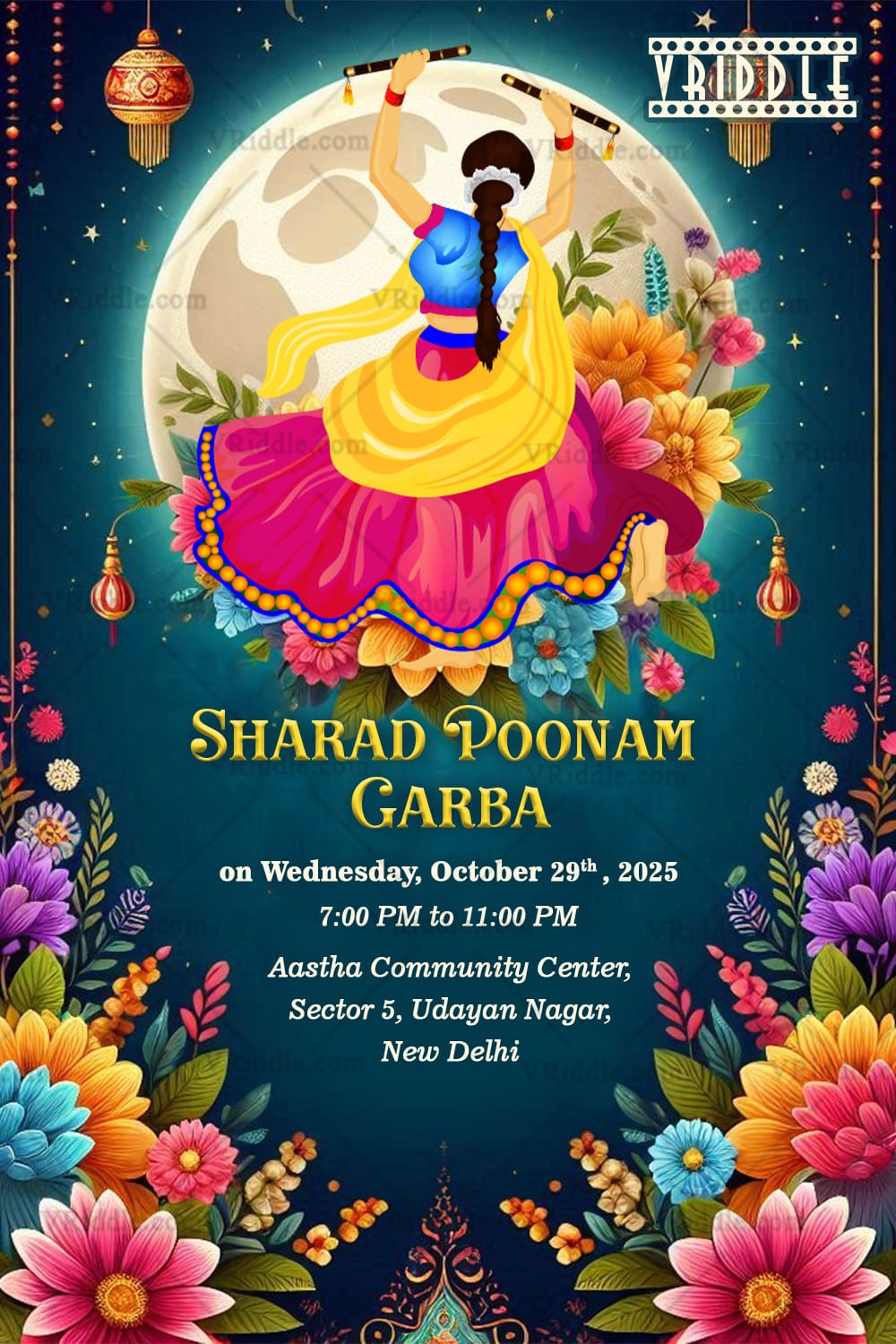Moonlit Garba Dance Sharad Poonam Invitation Card with Floral Theme