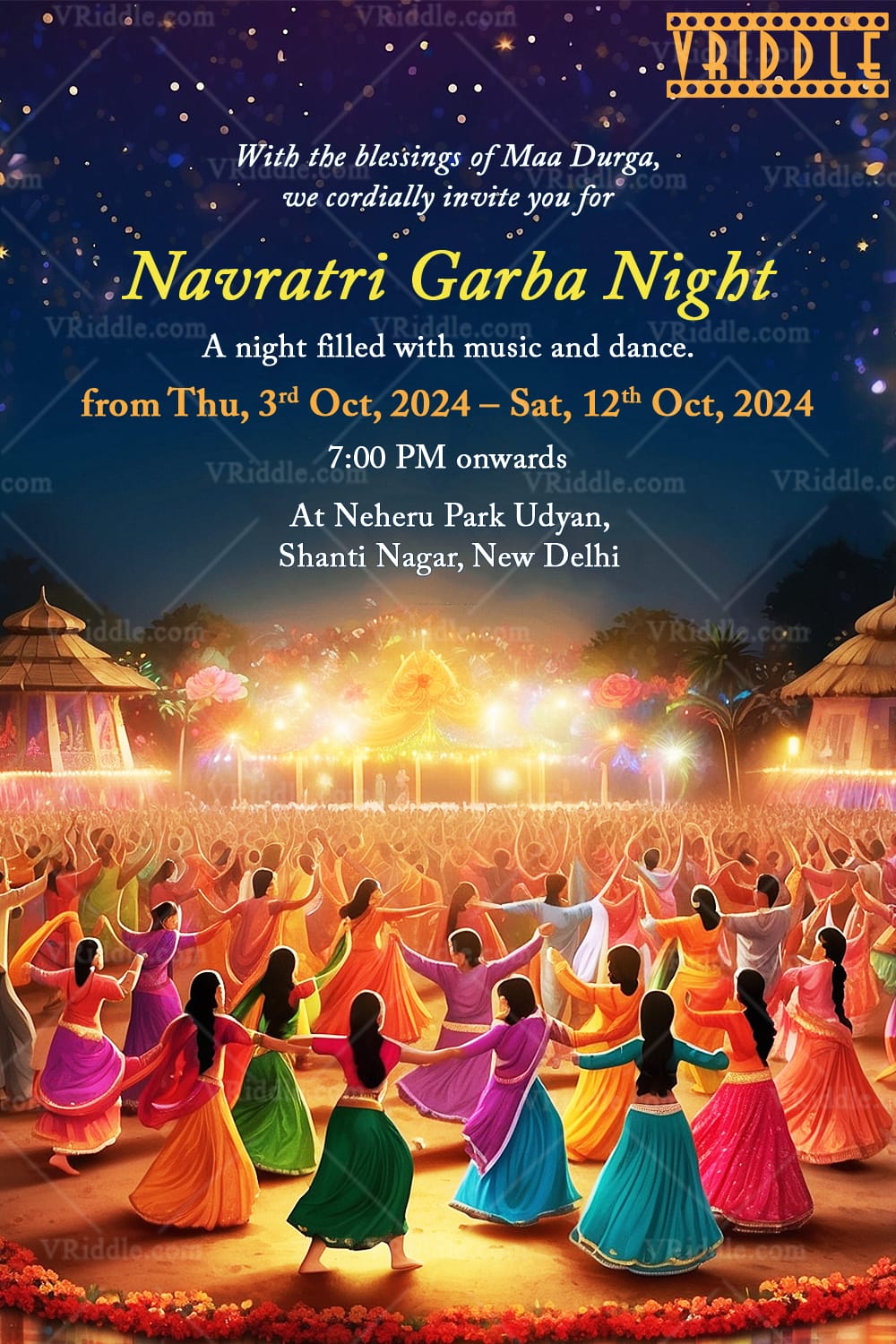 Navratri Garba Night Celebration Invitation Card with Dance Under the Stars