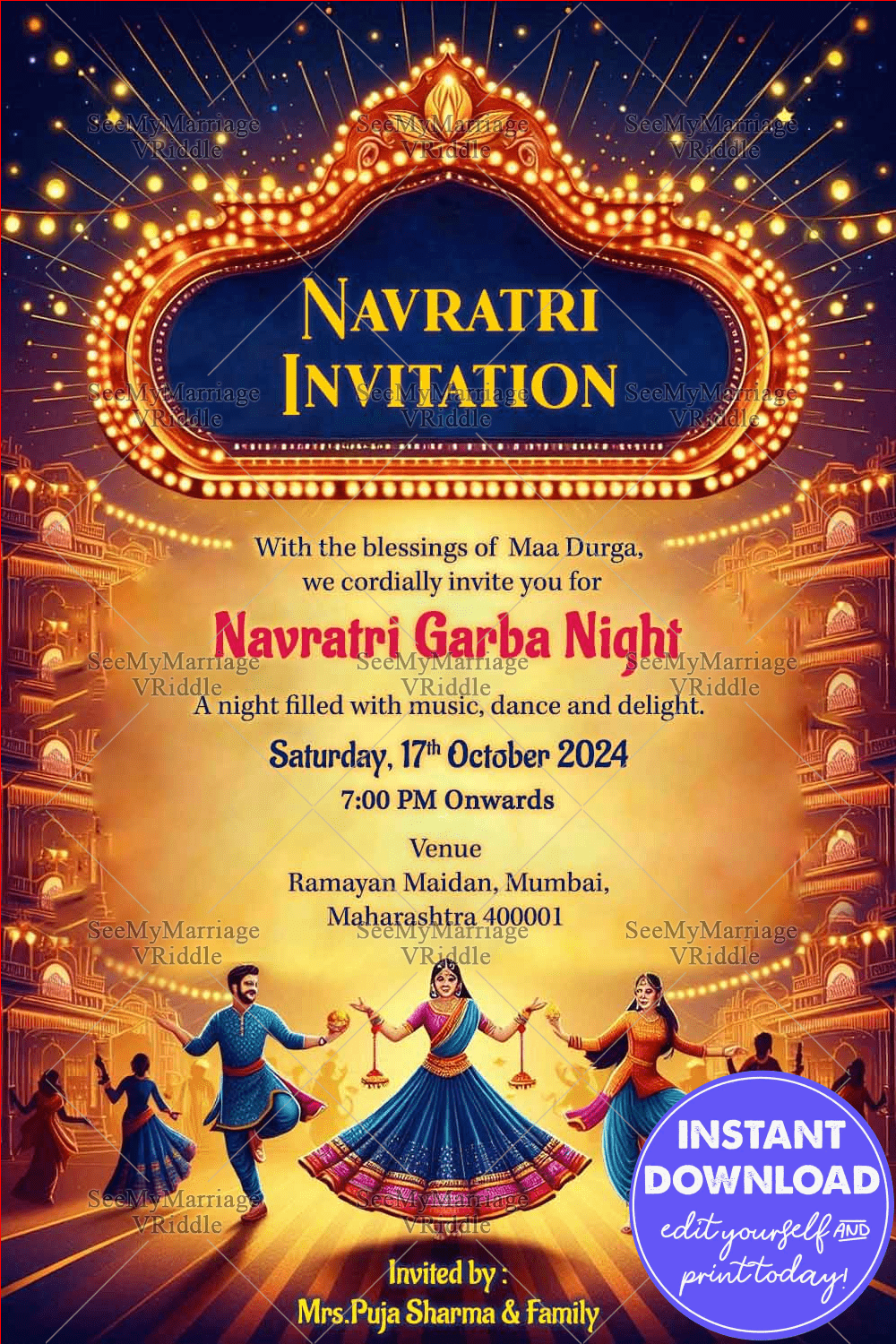 Navratri Garba Night Invitation Card with Lanterns Theme Background