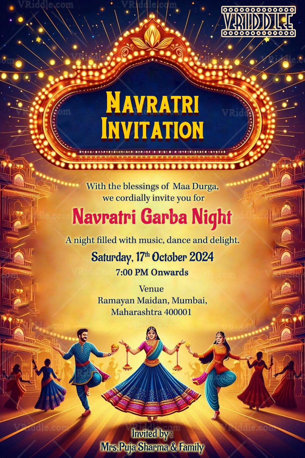 Navratri Garba Night Invitation Card with Lanterns Theme Background