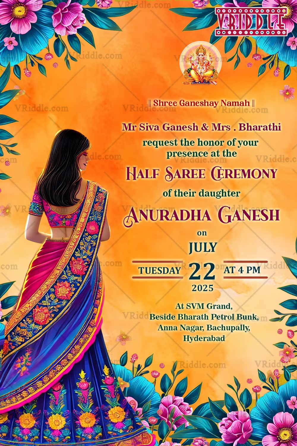 Orange Theme Half Saree Ceremony Invitation Card with Floral Accents Background