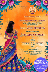 Orange Theme Half Saree Ceremony Invitation Card with Floral Accents Background