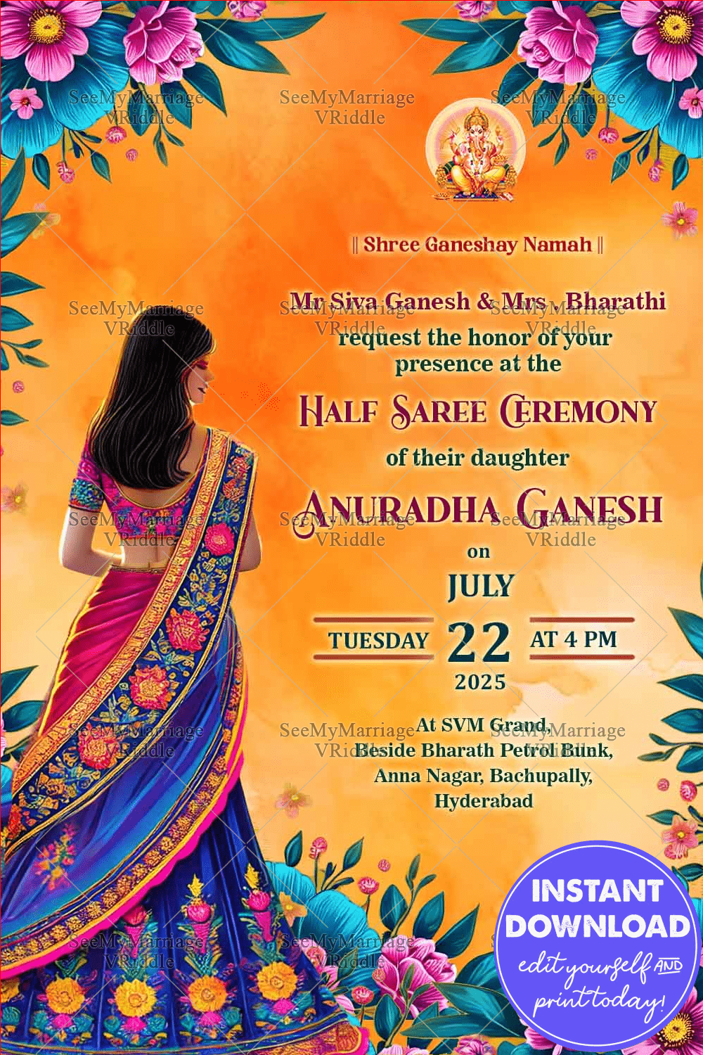 Orange Theme Half Saree Ceremony Invitation Card with Floral Accents Background