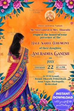 Orange Theme Half Saree Ceremony Invitation Card with Floral Accents Background