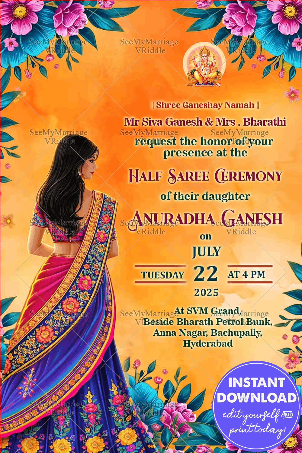 Orange Theme Half Saree Ceremony Invitation Card with Floral Accents Background