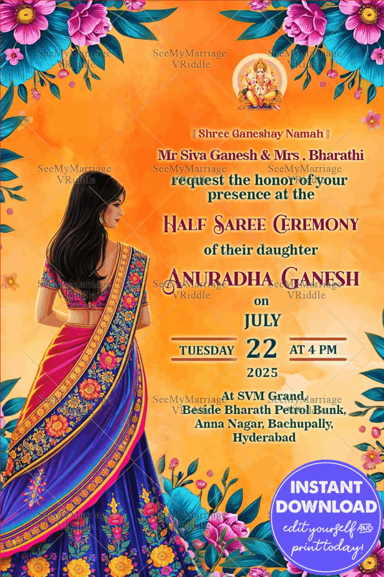 Orange Theme Half Saree Ceremony Invitation Card with Floral Accents Background