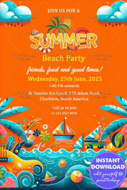 Orange Theme Summer Beach Party Bash Invitation Card with Palm Trees Background