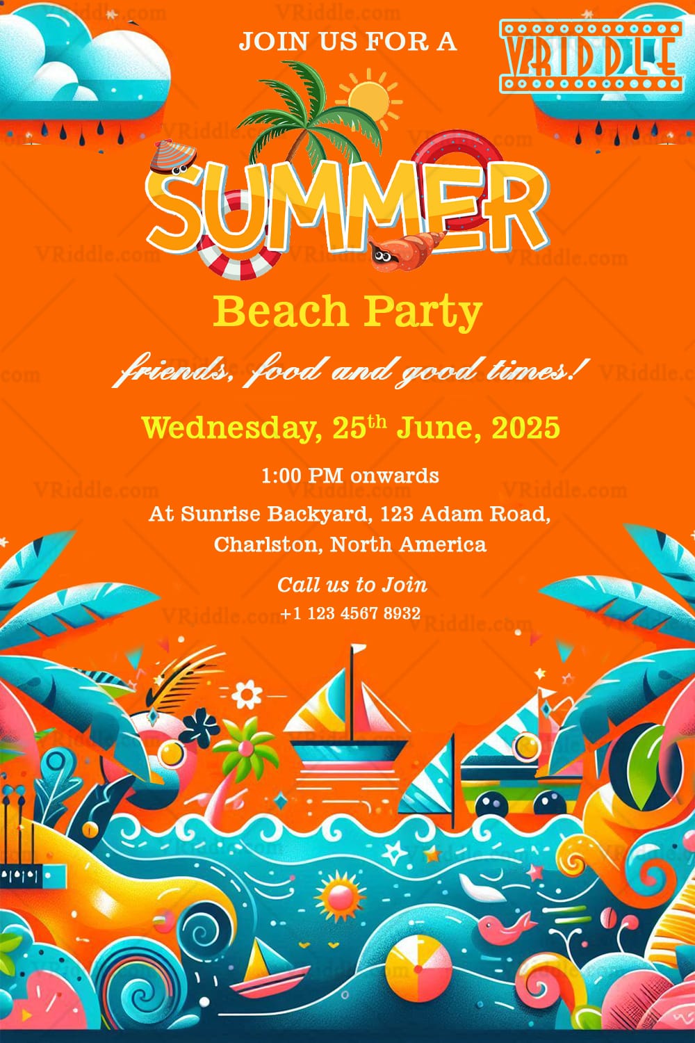 Orange Theme Summer Beach Party Bash Invitation Card with Palm Trees Background