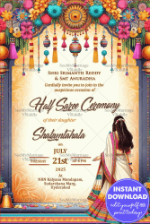 Ornate Arch Theme Half Saree Ceremony Invitation Card with Floral Decor