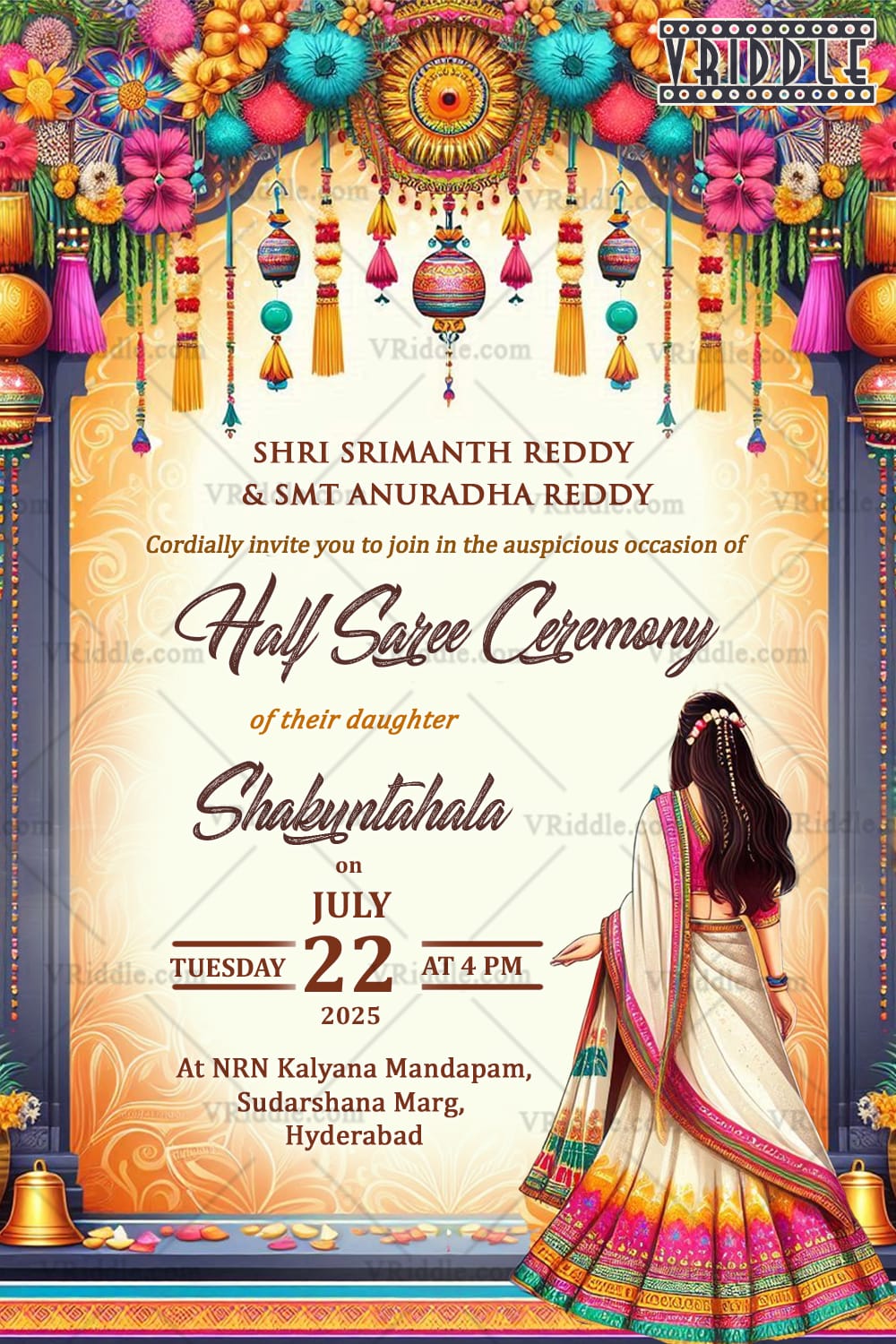 Ornate Arch Theme Half Saree Ceremony Invitation Card with Floral Decor