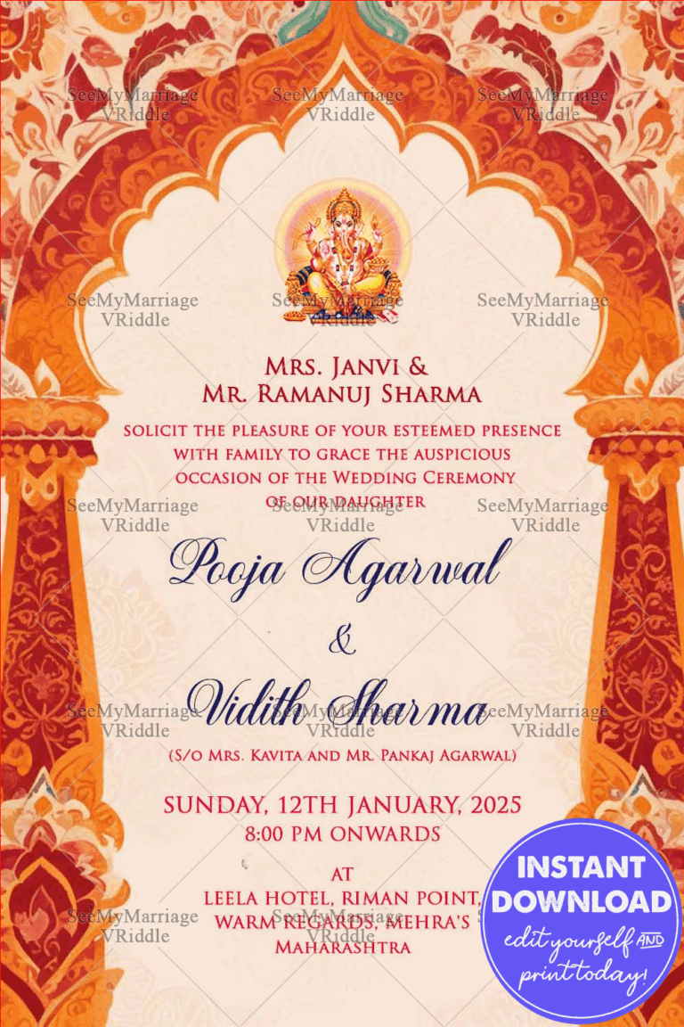 Ornate Floral Patterns Theme Marathi Wedding Ceremony invitation Card