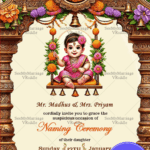 Ornate Naming Ceremony Baby Girl on Floral Swing Invitation Card