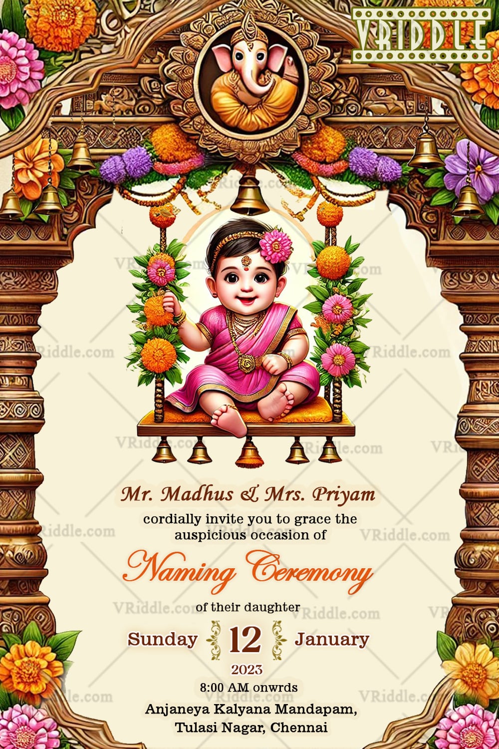 Ornate Naming Ceremony Baby Girl on Floral Swing Invitation Card