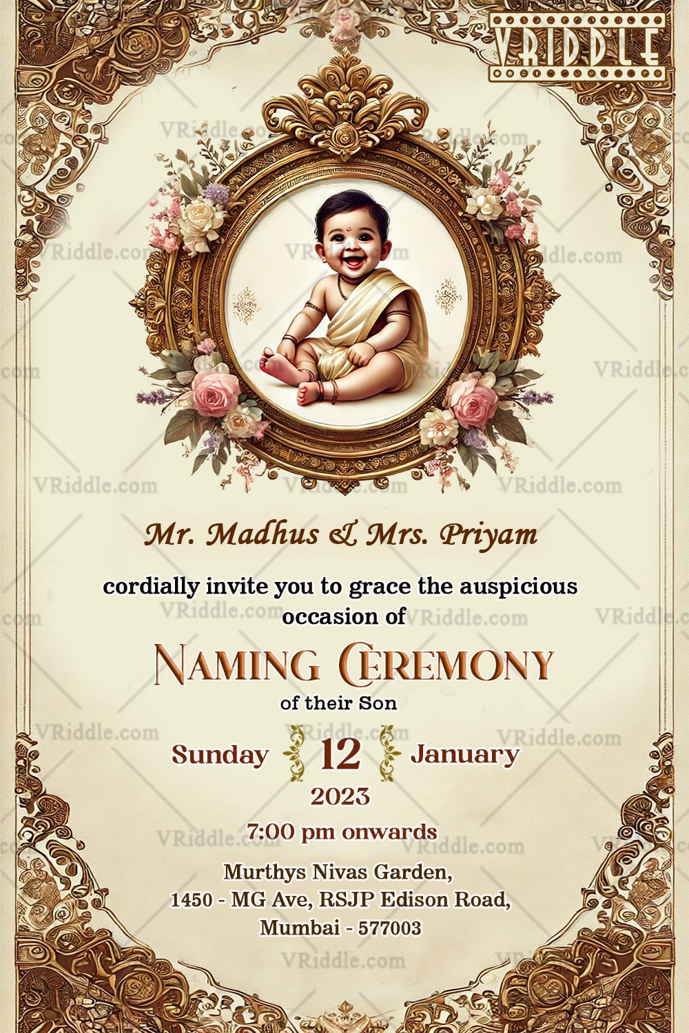 Ornate Naming Invitation Baby Boy in Golden Frame Design