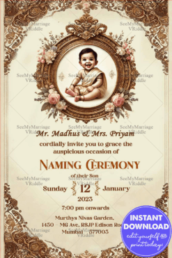 Ornate Naming Invitation Baby Boy in Golden Frame Design