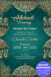 Ornate Umbrella Theme Mehndi Ceremony Invitation Card with Teal Blue Color Background