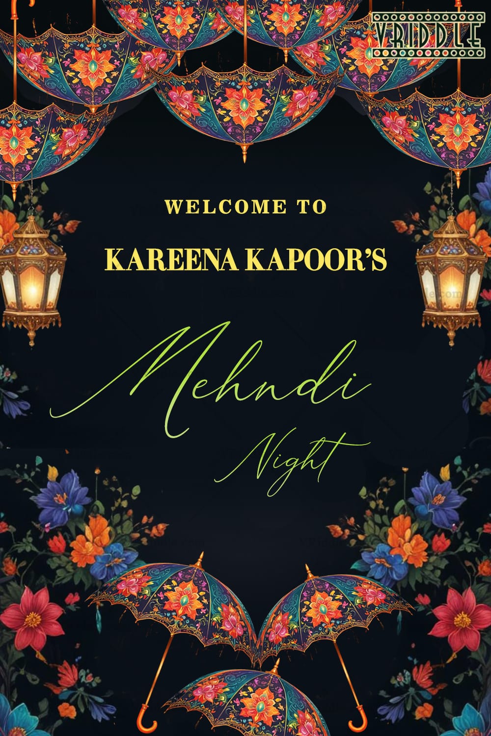 Ornate Umbrella Theme Mehndi Night Welcome Poster