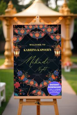 Ornate Umbrella Theme Mehndi Night Welcome Poster