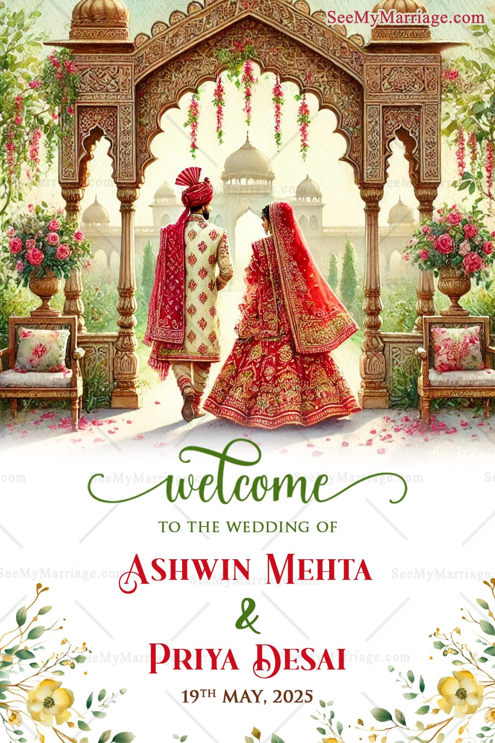 Palatial Garden Theme Gujarati Wedding Ceremony Welcome Poster