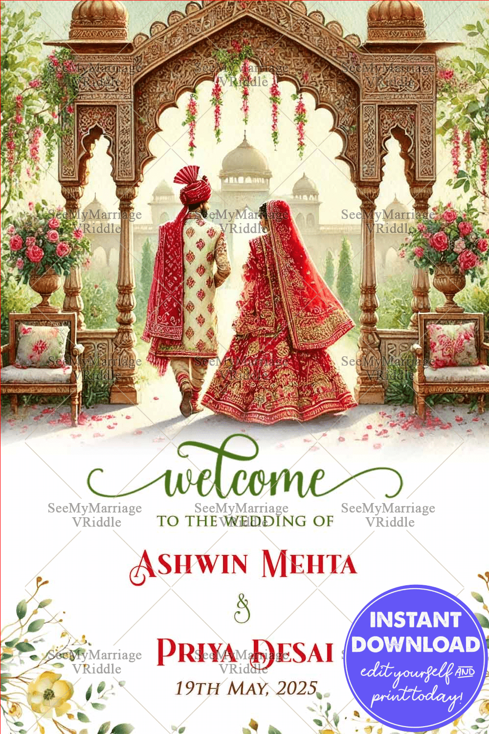 Palatial Garden Theme Gujarati Wedding Ceremony Welcome Poster