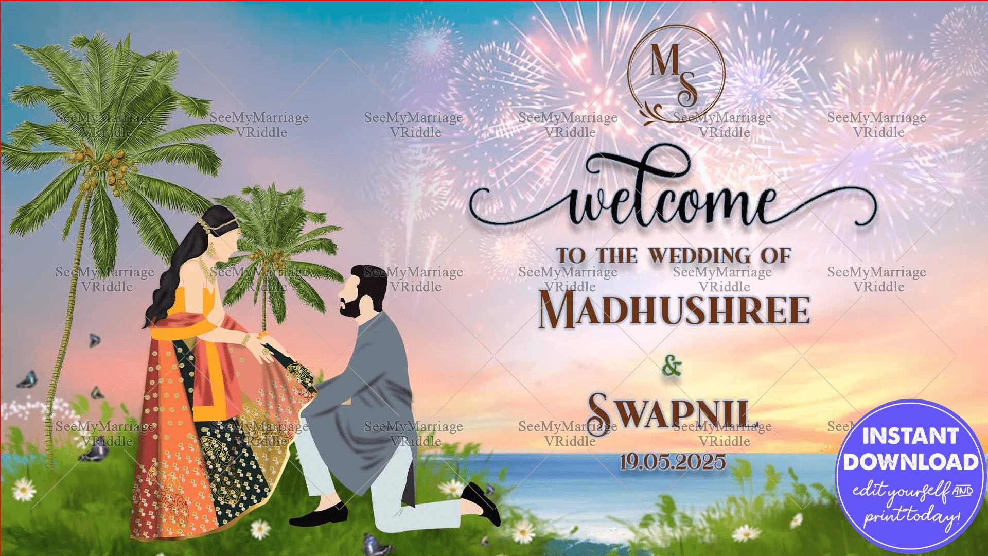 Celebrate love under the tropical sky with Madhushree and wedding Banner, a perfect blend of natural beauty and cultural richness. This Banner depicts a serene scene with a couple amidst lush palm trees, the bride elegantly dressed in a vibrant saree while the groom kneels in a moment of timeless tradition. Fireworks light up the sky, symbolizing the sparks of their union, setting the stage for a magical evening.