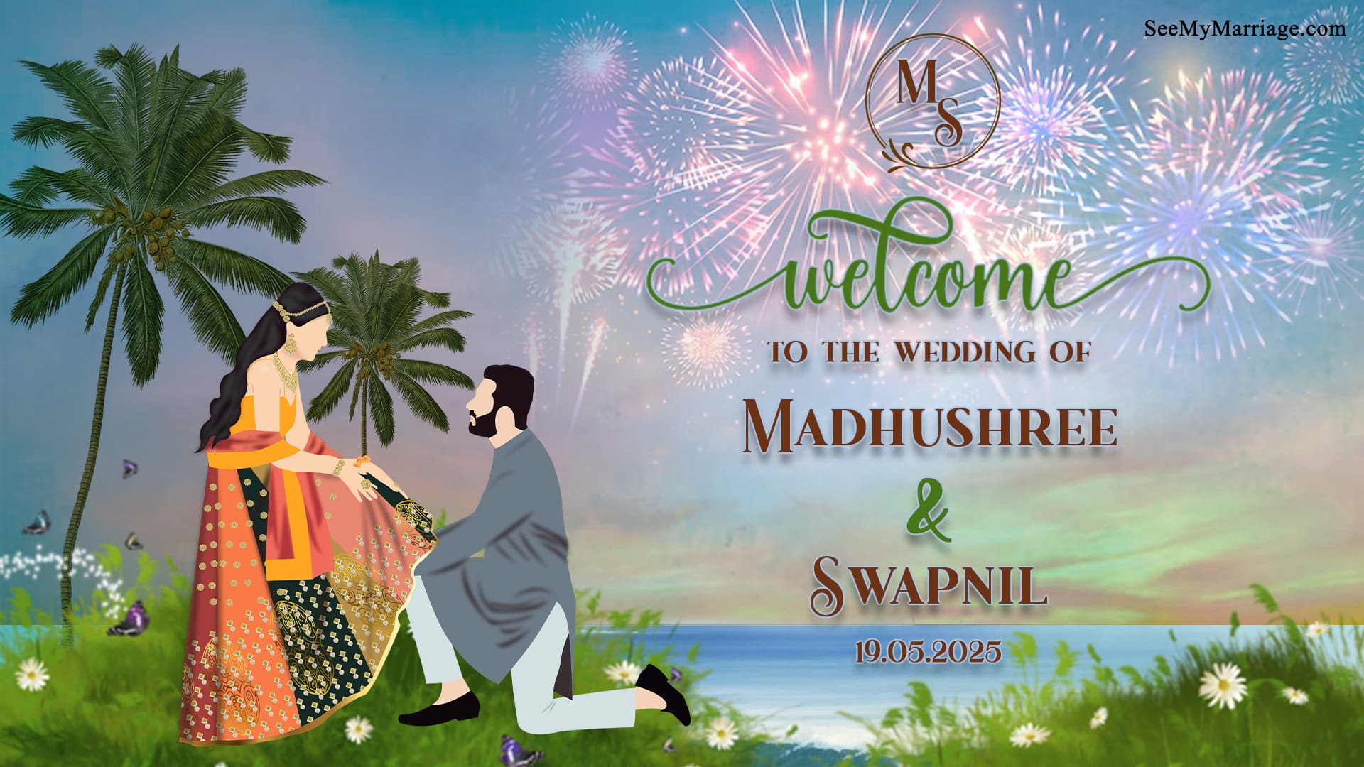 Palm Beach Theme Wedding Ceremony Welcome Banner with Add Photo Background
