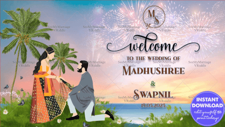 Celebrate love under the tropical sky with Madhushree and wedding Banner, a perfect blend of natural beauty and cultural richness. This Banner depicts a serene scene with a couple amidst lush palm trees, the bride elegantly dressed in a vibrant saree while the groom kneels in a moment of timeless tradition. Fireworks light up the sky, symbolizing the sparks of their union, setting the stage for a magical evening.