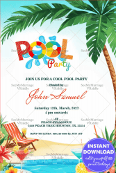 Palm Paradise Theme Pool Party Celebration Invitation Card with Sunshine Background