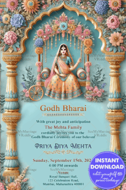 Pastel Flowers Theme Godh Bharai Invitation Card