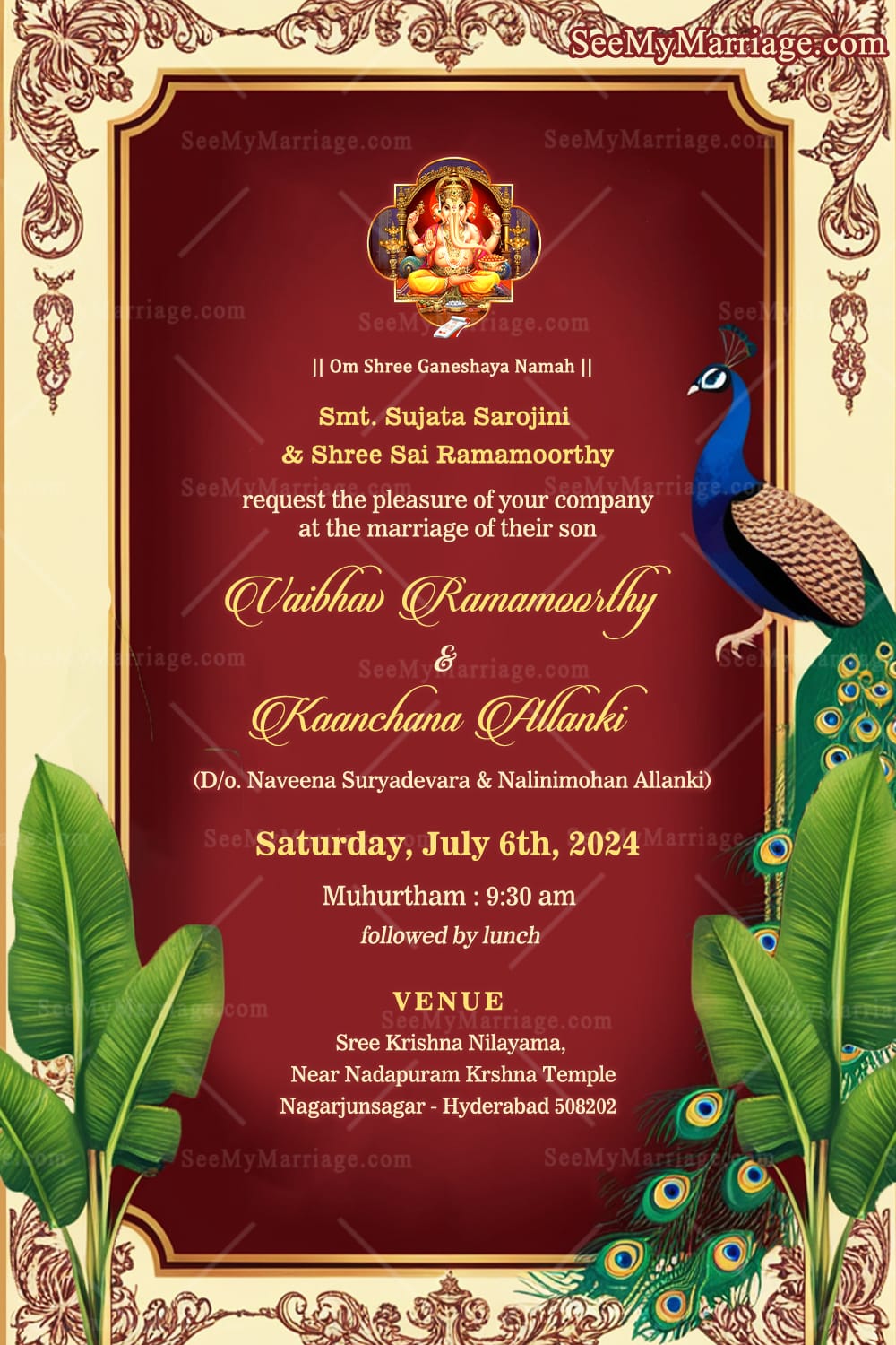 Peacock Elegance Telugu Wedding Invitation Card with Ornate Borders