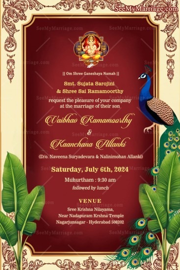 Peacock Elegance Telugu Wedding Invitation Card with Ornate Borders ...