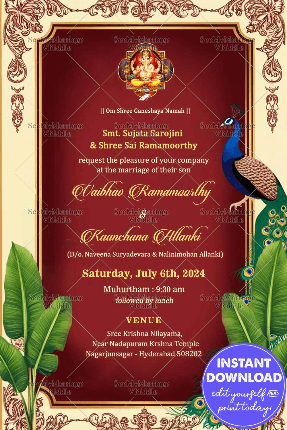 Peacock Elegance Telugu Wedding Invitation Card with Ornate Borders