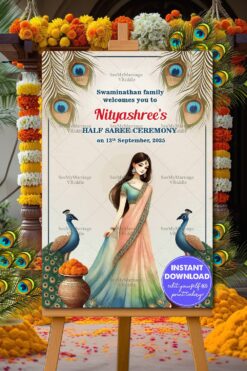Peacock Feathers Theme Half Saree Ceremony Welcome Poster