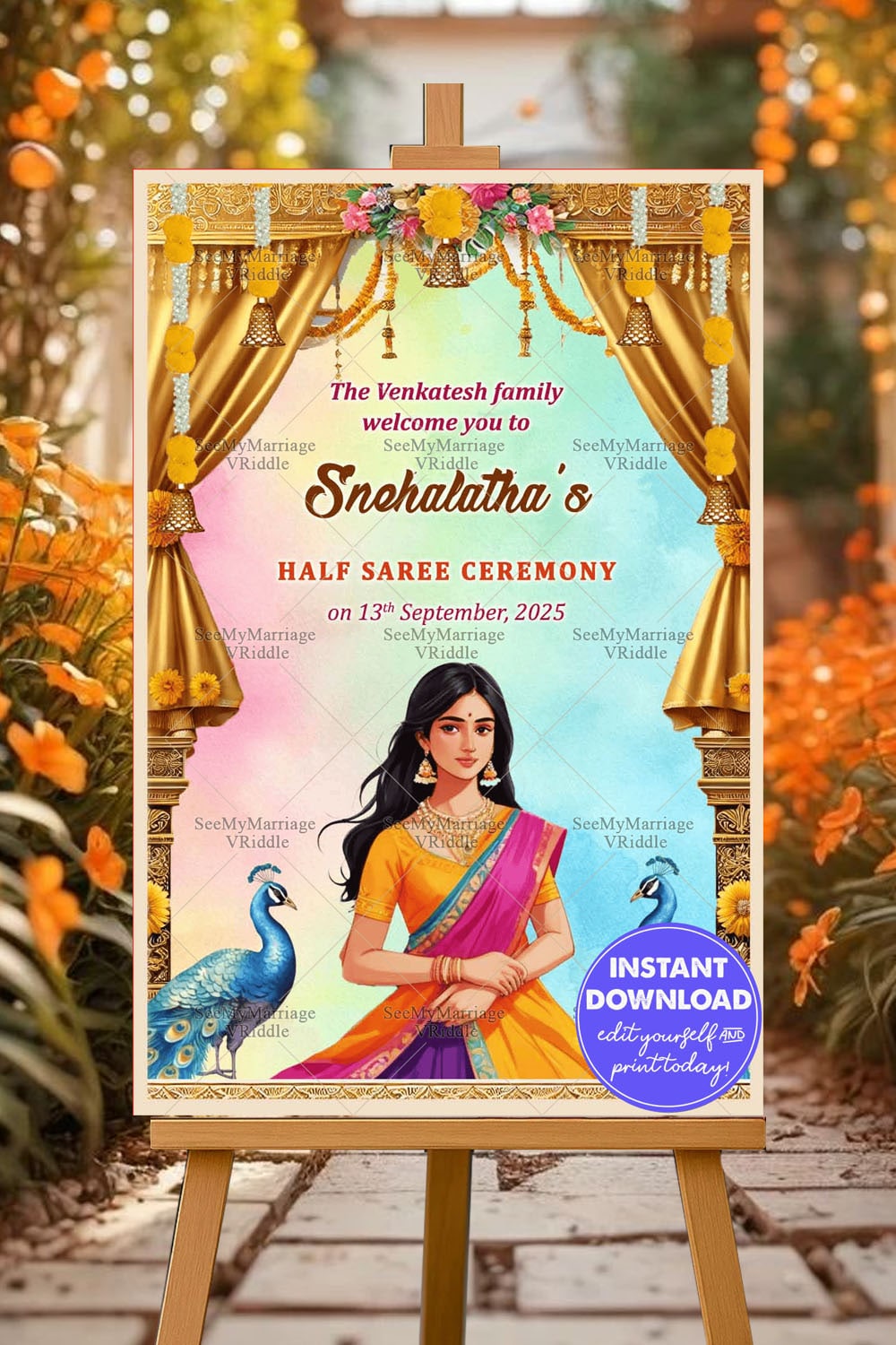 Peacock Theme Half Saree Ceremony Welcome Poster