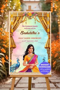 Peacock Theme Half Saree Ceremony Welcome Poster