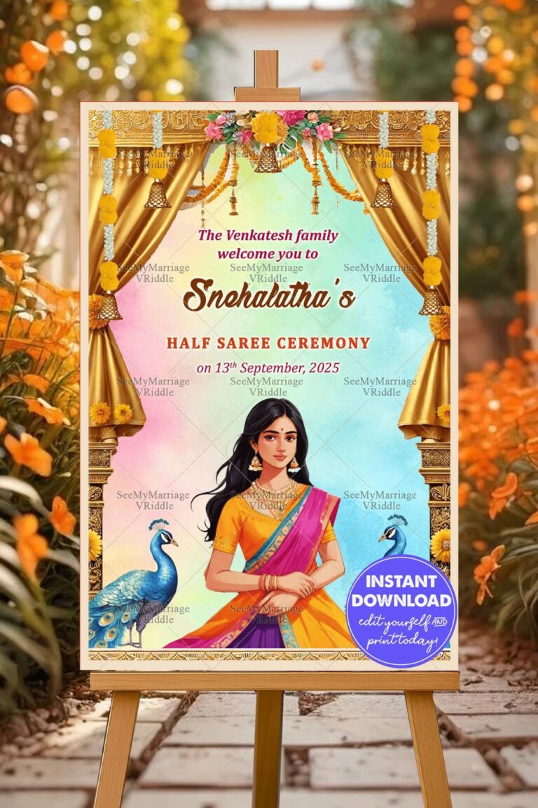 Peacock Theme Half Saree Ceremony Welcome Poster