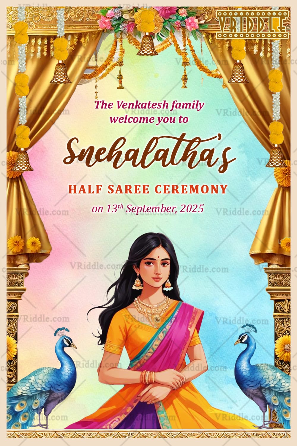 Peacock Theme Half Saree Ceremony Welcome Poster