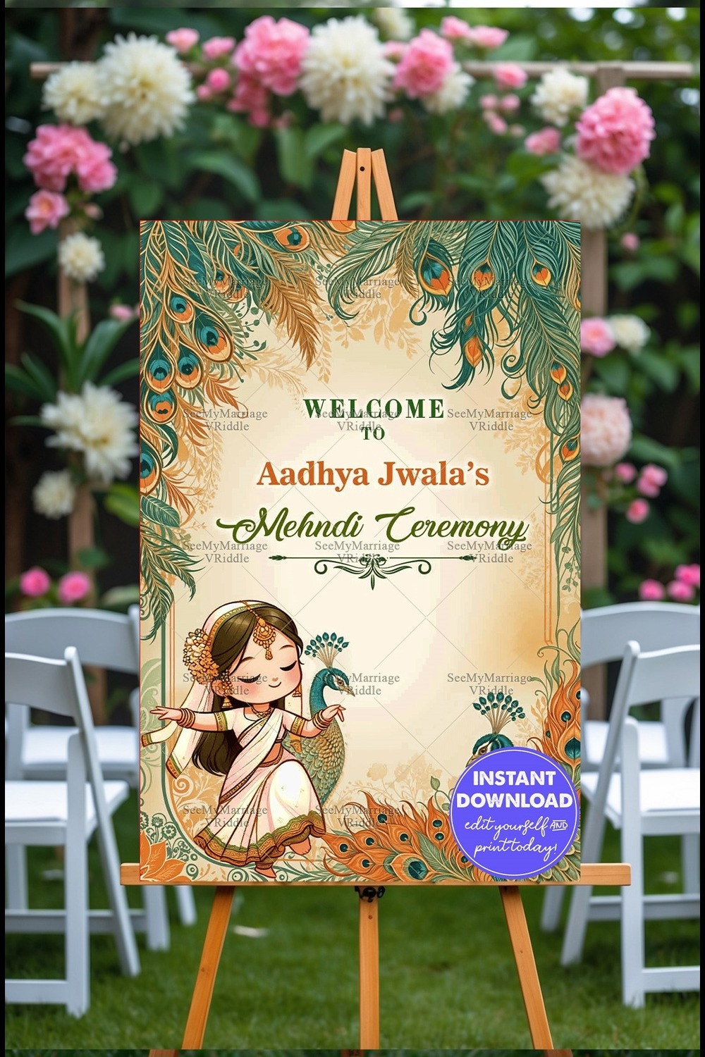 Peacock Theme Mehndi Ceremony Welcome Banner with Cute Cartoon Girl Character