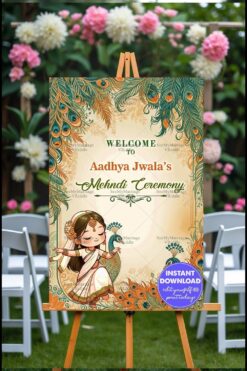 Peacock Theme Mehndi Ceremony Welcome Banner with Cute Cartoon Girl Character