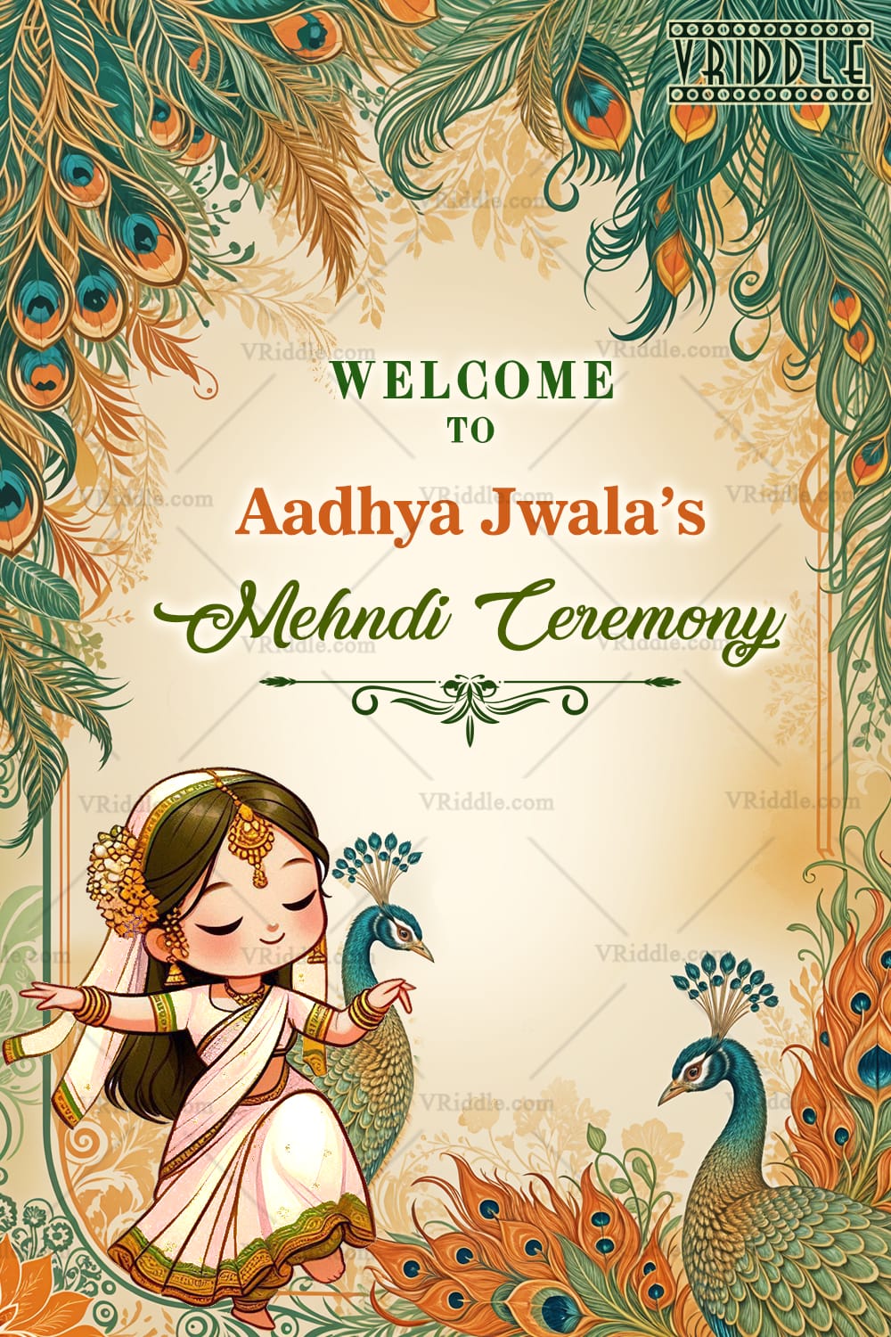 Peacock Theme Mehndi Ceremony Welcome Banner with Cute Cartoon Girl Character