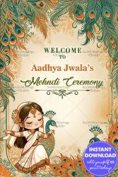 Peacock Theme Mehndi Ceremony Welcome Banner with Cute Cartoon Girl Character