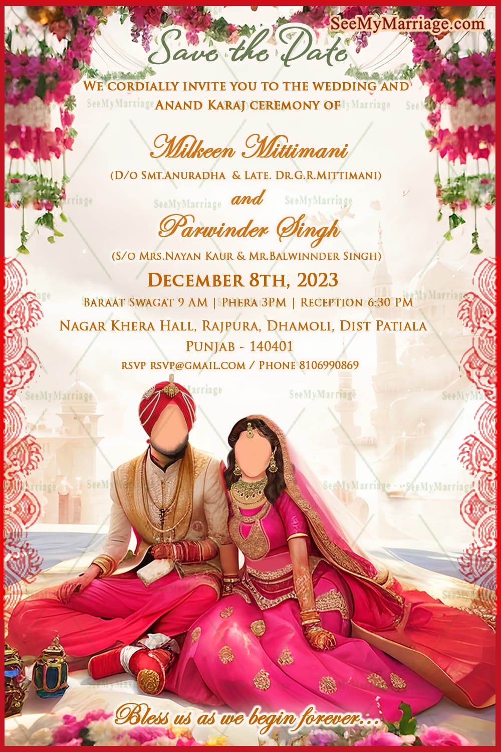 Pink Bliss Theme Punjabi Anand Karaj Save the Date Wedding Invitation Card with Couple Caricature Background