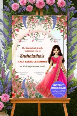 Pink Saree Cartoon Girl Theme Half Saree Ceremony Welcome Poster