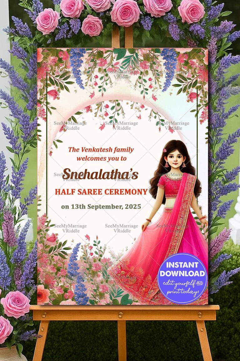 Pink Saree Cartoon Girl Theme Half Saree Ceremony Welcome Poster