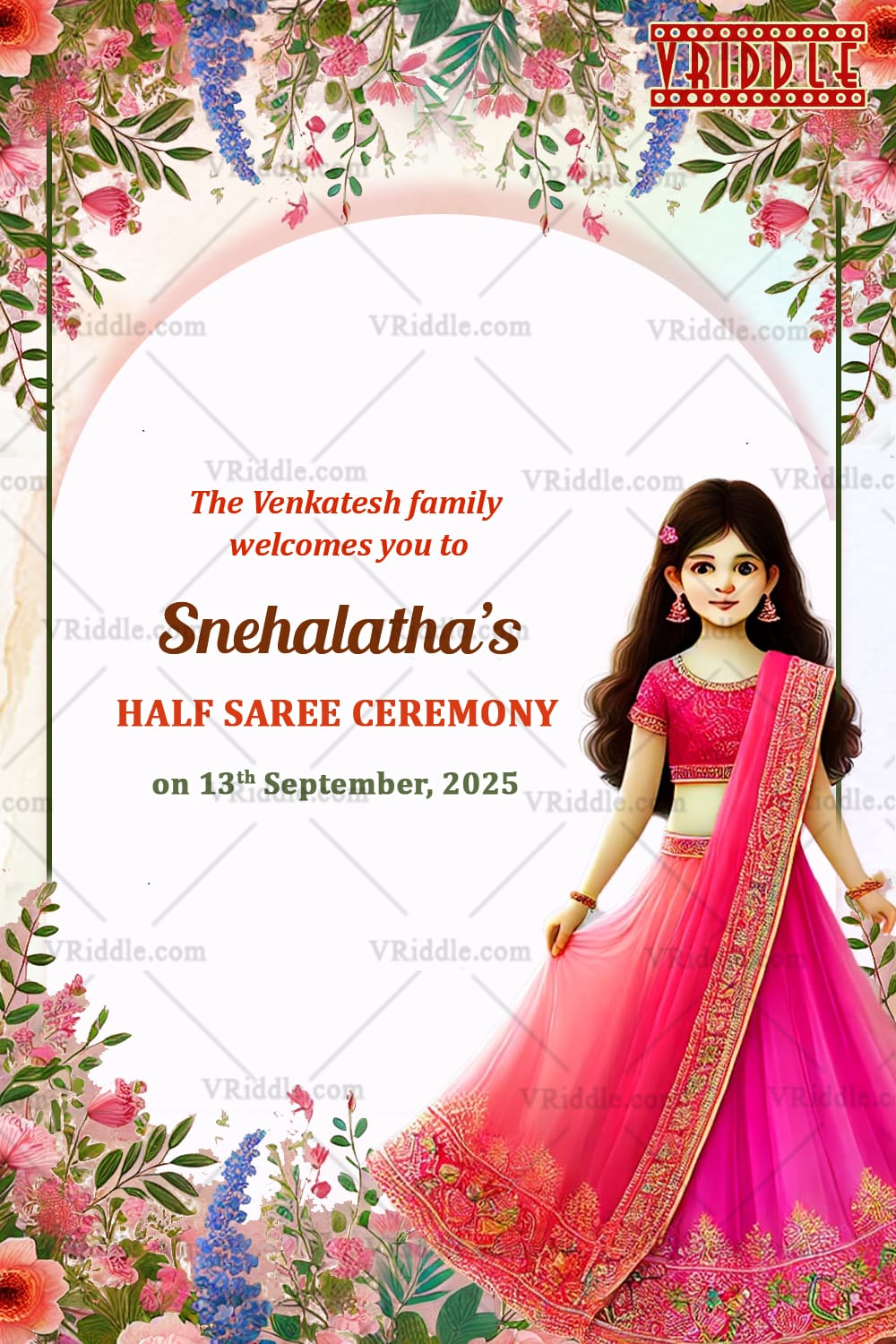Pink Saree Cartoon Girl Theme Half Saree Ceremony Welcome Poster