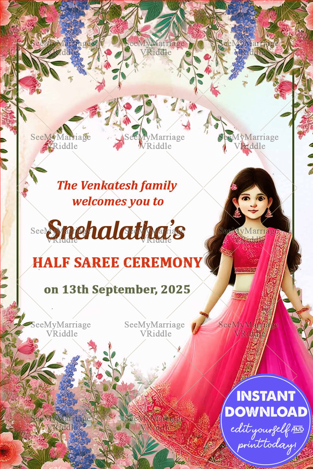 Pink Saree Cartoon Girl Theme Half Saree Ceremony Welcome Poster